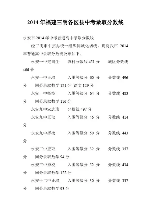 2014年福建三明各区县中考录取分数线