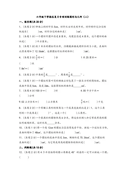 六年级下学期数学总复习专项训练：图形与几何(二)(人教版,含答案)