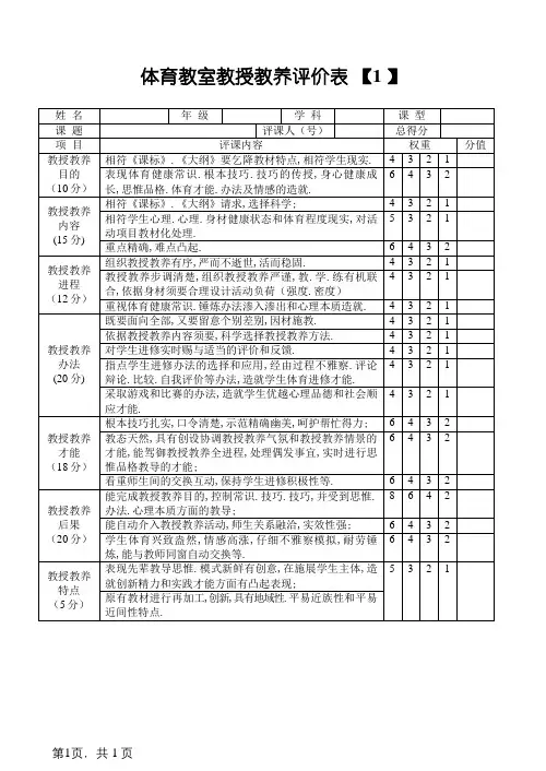 体育课堂教学评价表