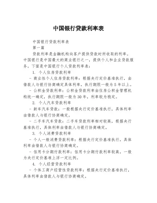 中国银行贷款利率表2篇