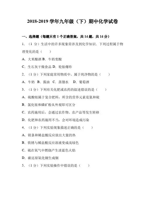 江苏省2018-2019学年九年级(下)期中化学试卷(解析版)
