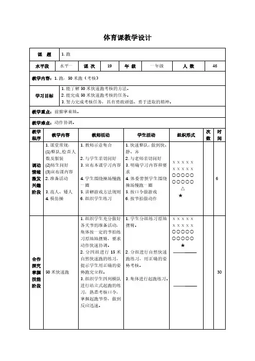 全国通用版小学一年级下册体育表格式教案-17 跑 50米跑(考核)