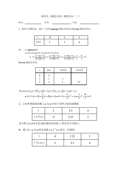 研究生《数值分析》课程作业(二) (含答案)