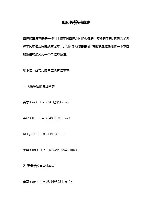 单位换算进率表