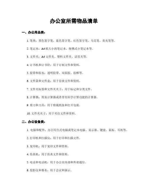 办公室所需物品清单