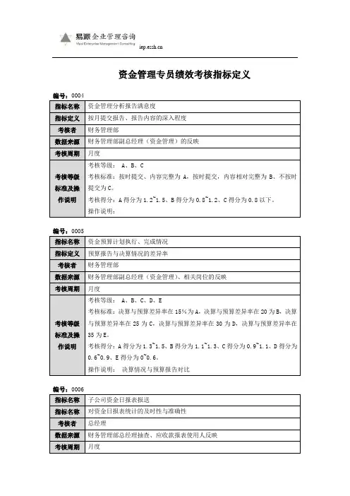 资金管理专员绩效考核指标定义