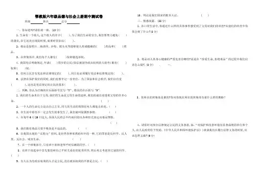 鄂教版六年级品德与社会上册期中试卷