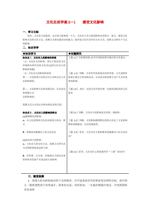 高中政治 感受文化影响 学案(新人教版必修3)