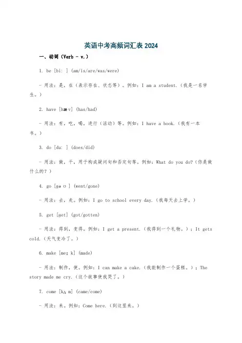 英语中考高频词汇表2024
