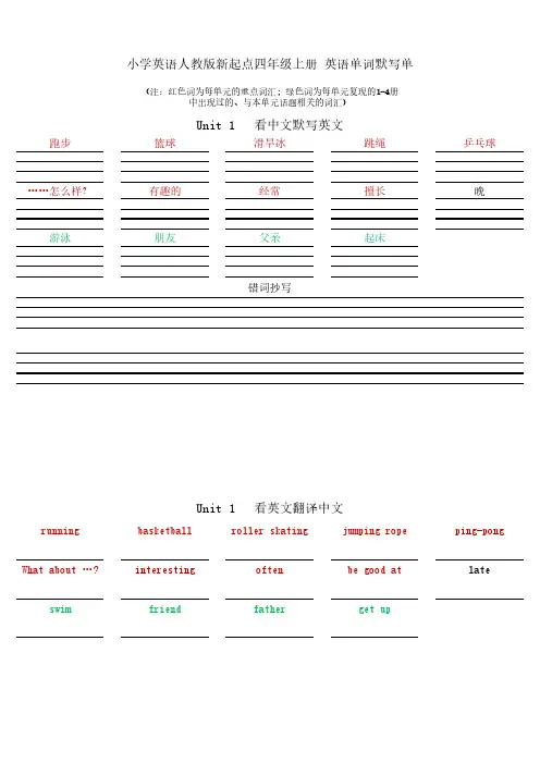 小学英语人教版新起点四年级上册 英语单词默写单