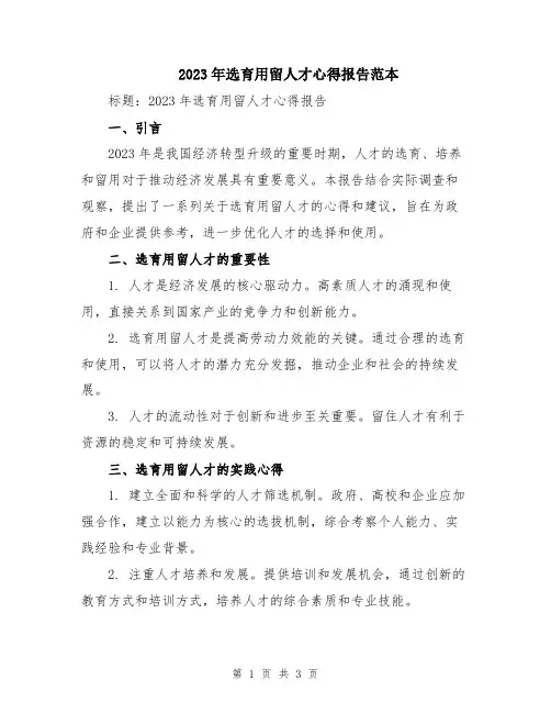 2023年选育用留人才心得报告范本