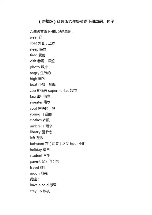 （完整版）科普版六年级英语下册单词、句子