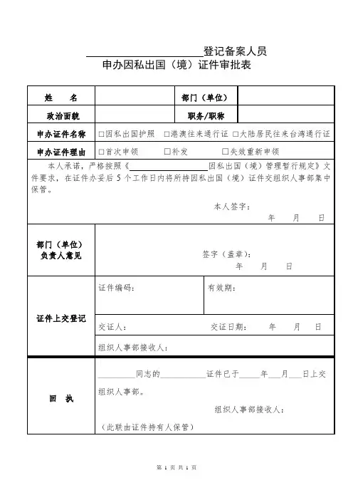 登记备案人员申办因私出国(境)证件审批表