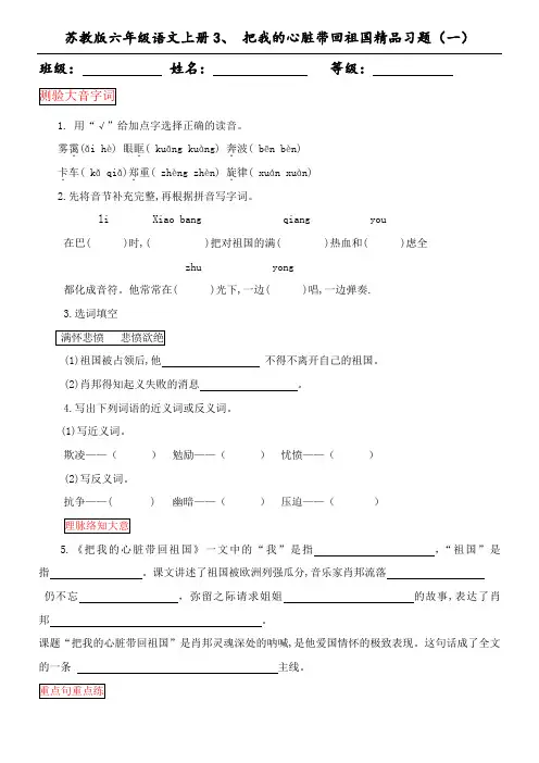 苏教版六年级语文上册3、把我的心脏带回祖国同步精品练习(一)