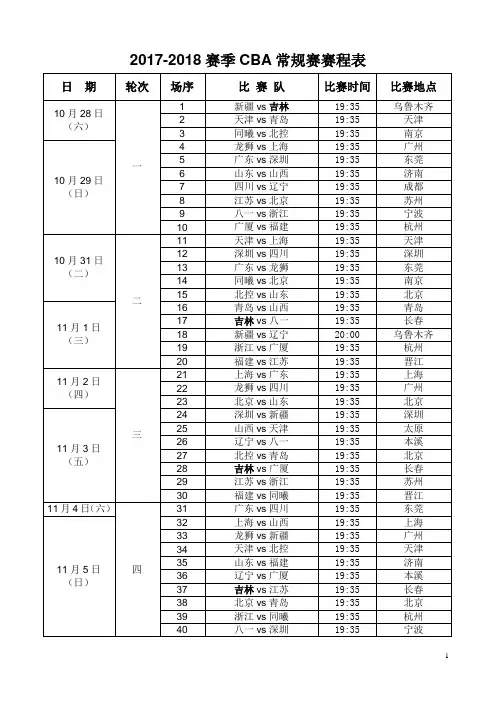 2017-2018赛季CBA常规赛赛程表(新)