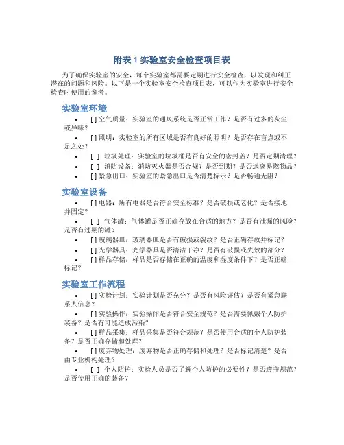 附表1实验室安全检查项目表