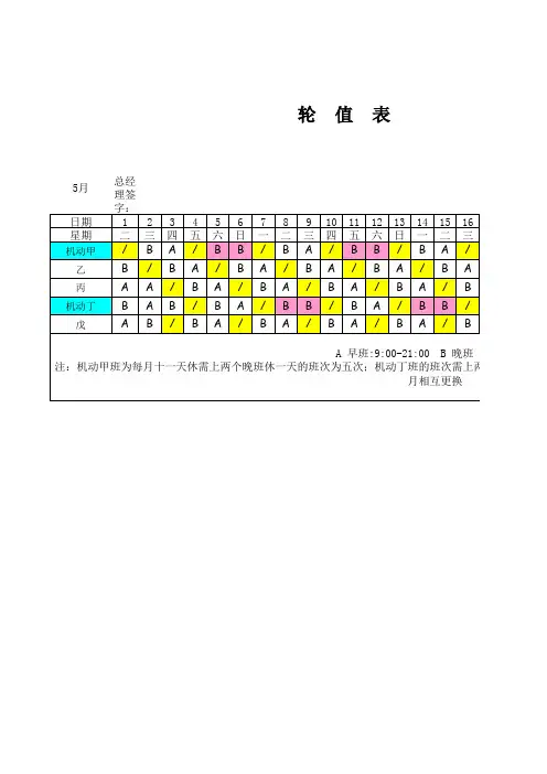 酒店前厅排班表
