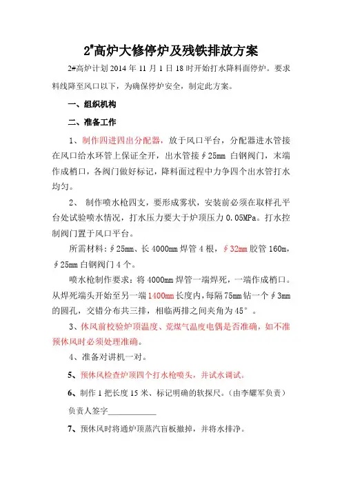 2#高炉大修停炉及残铁排放方案