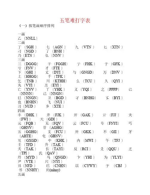 五笔难拆字分类分级汇总表