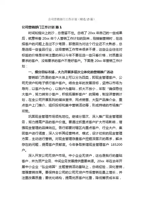 公司营销部门工作计划（精选13篇）