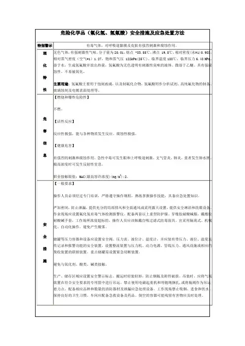 危险化学品(氟化氢、氢氟酸)安全系统要求措施及应急处置方法