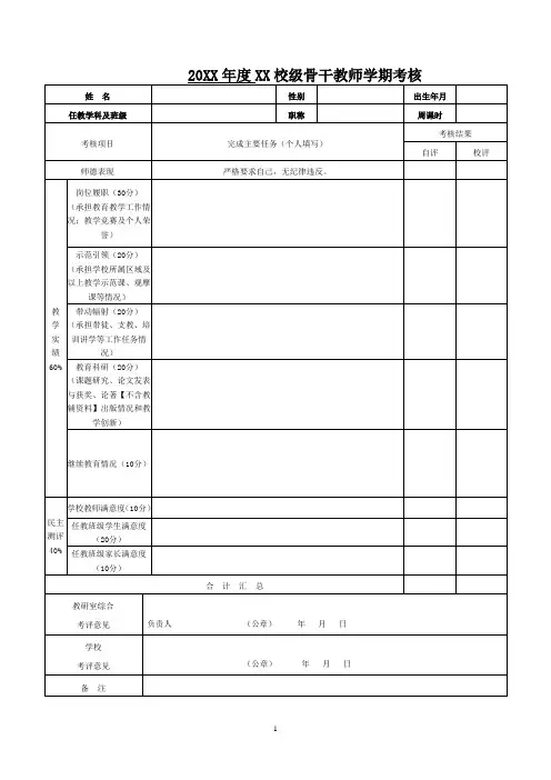 骨干教师学期考核表