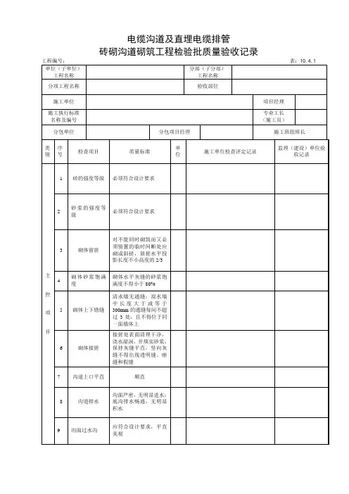 10.4.1砖砌电缆沟砌筑工程检验批质量验收记录