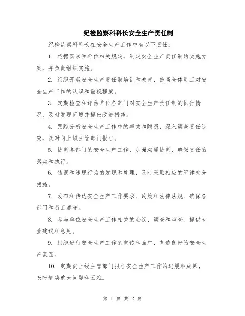 纪检监察科科长安全生产责任制