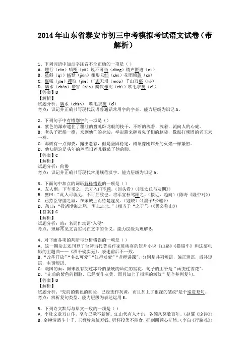 山东省泰安市2014届九年级中考模拟考试语文试卷(带解析)