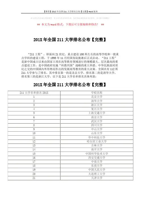 【推荐】201X年全国211大学排名公布【完整】word版本 (4页)