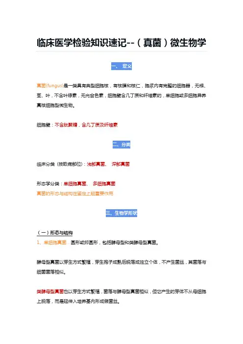 临床医学检验知识速记--(真菌)微生物学