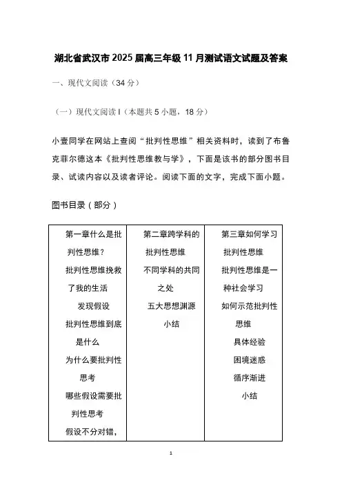 湖北省武汉市2025届高三年级11月测试语文试题及答案