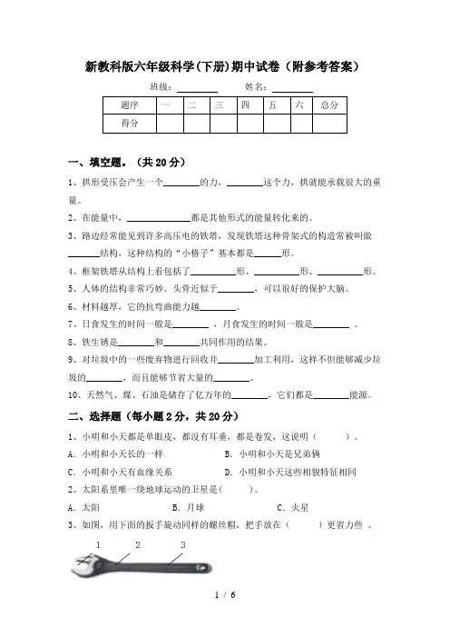 新教科版六年级科学(下册)期中试卷(附参考答案)