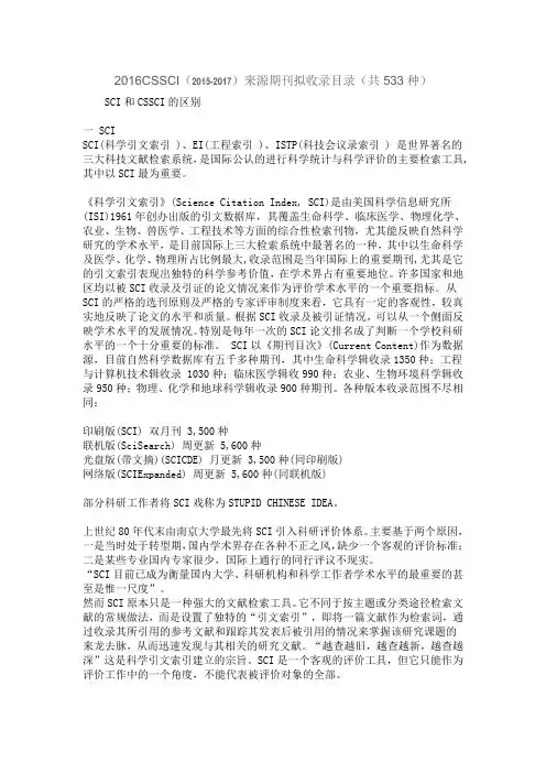 CSSCI(2016-2017)来源期刊拟收录目录(共533种)