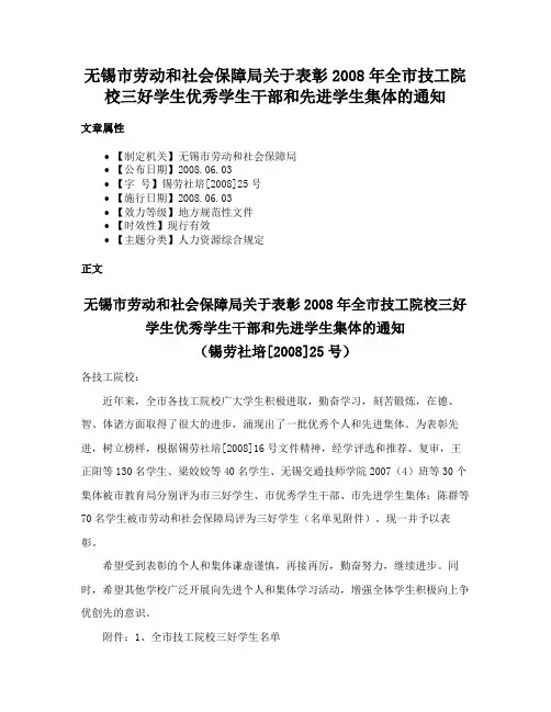 无锡市劳动和社会保障局关于表彰2008年全市技工院校三好学生优秀学生干部和先进学生集体的通知