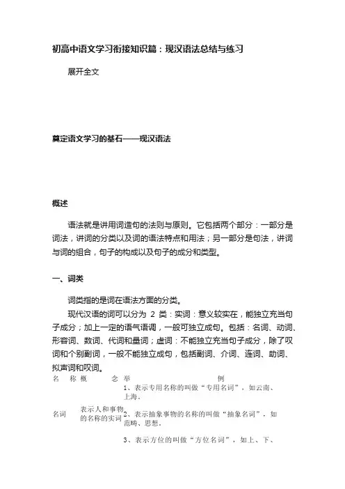 初高中语文学习衔接知识篇：现汉语法总结与练习
