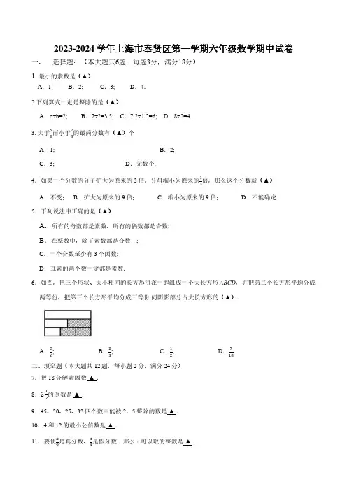 2023-2024学年上海市奉贤区六年级第一学期期中数学试卷及参考答案