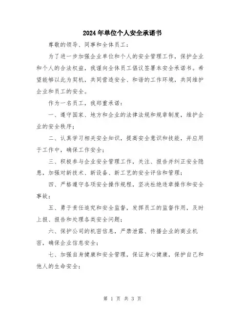 2024年单位个人安全承诺书