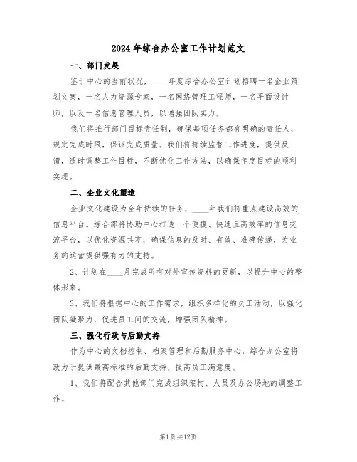 2024年综合办公室工作计划范文（五篇）