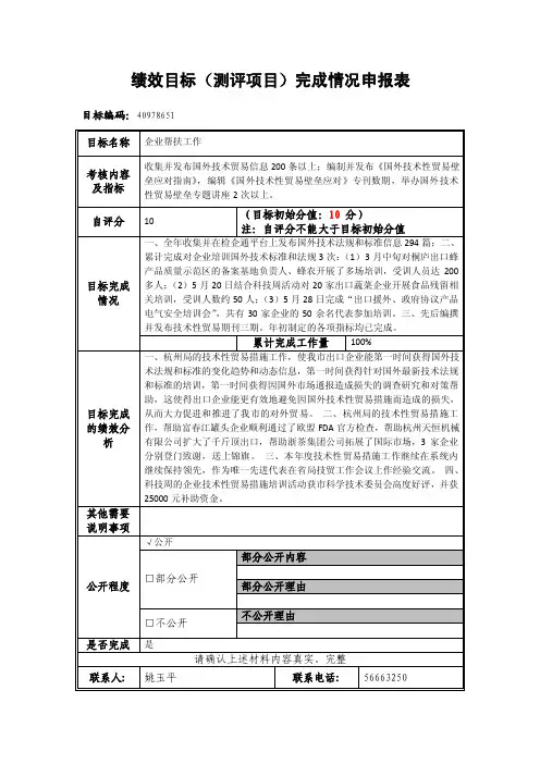 绩效目标（测评项目）完成情况申报表