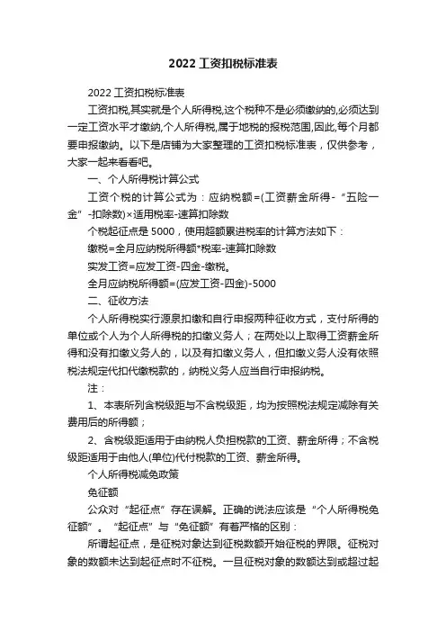 2022工资扣税标准表