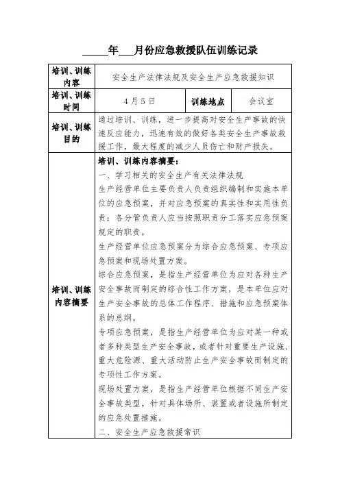 应急救援队伍训练记录填写模板