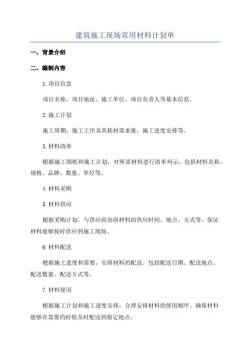 建筑施工现场常用材料计划单