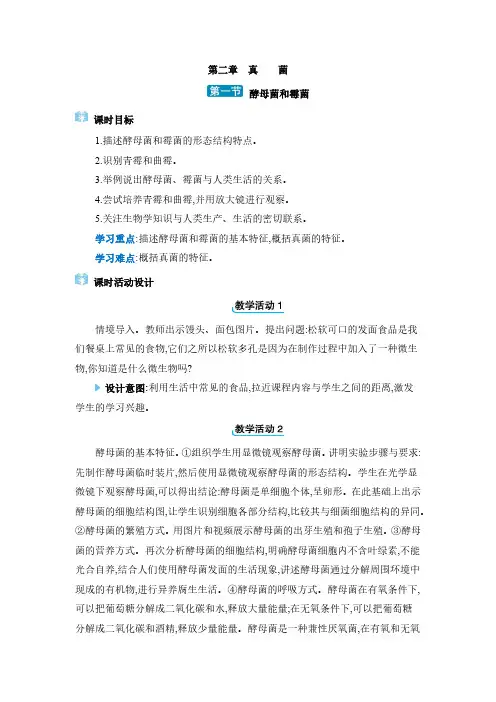 2024年冀少版八年级生物上册教学第五单元 微生物的生活第二章 真菌第一节 酵母菌和霉菌