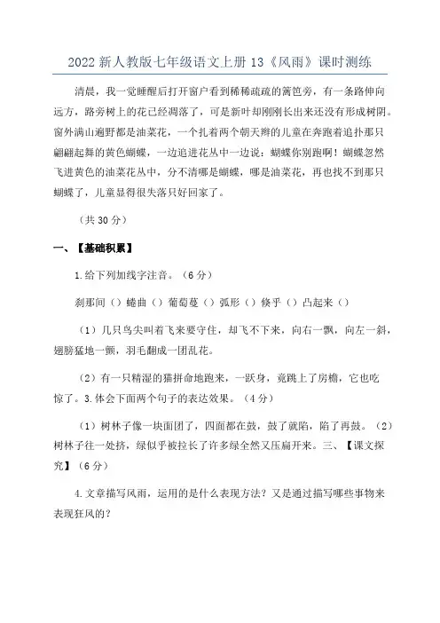 2022新人教版七年级语文上册13《风雨》课时测练
