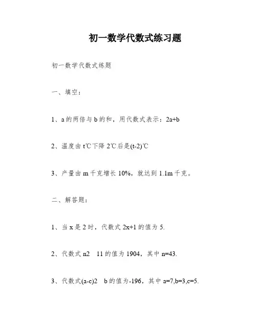 初一数学代数式练习题