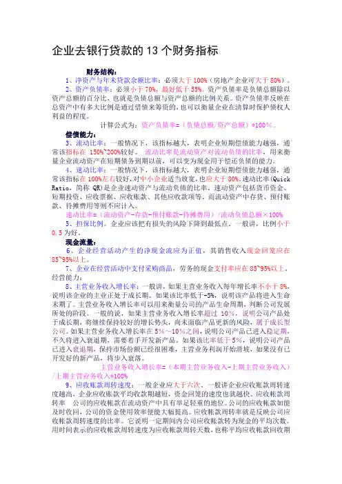 银行贷款的财务指标