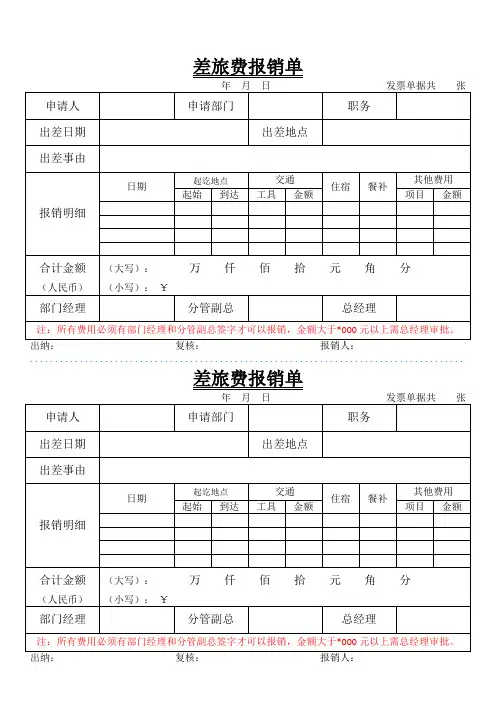 出差差旅费报销单模板(A4纸一页)