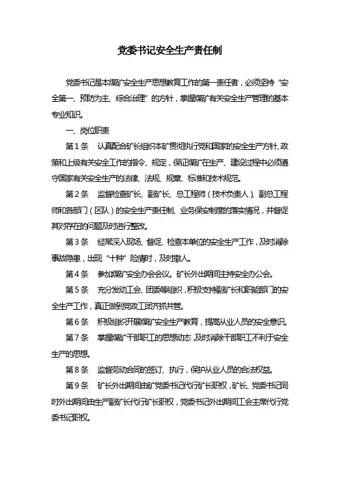 煤矿党委书记安全生产责任制