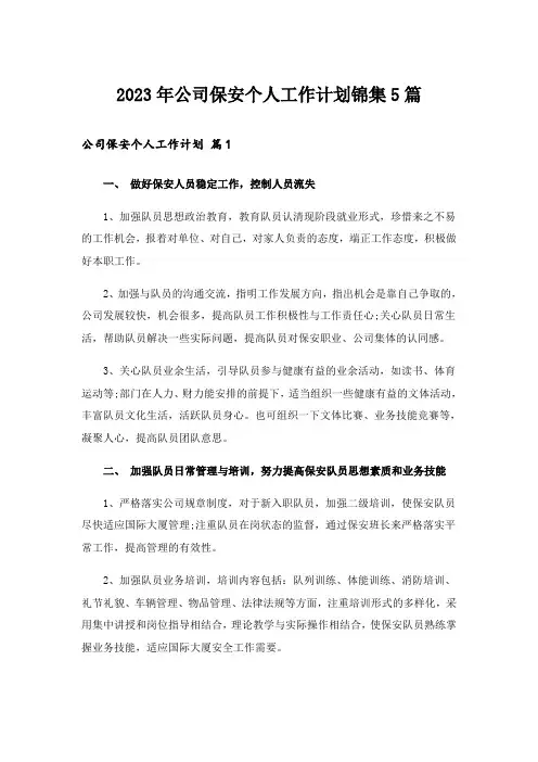 2023年公司保安个人工作计划锦集5篇